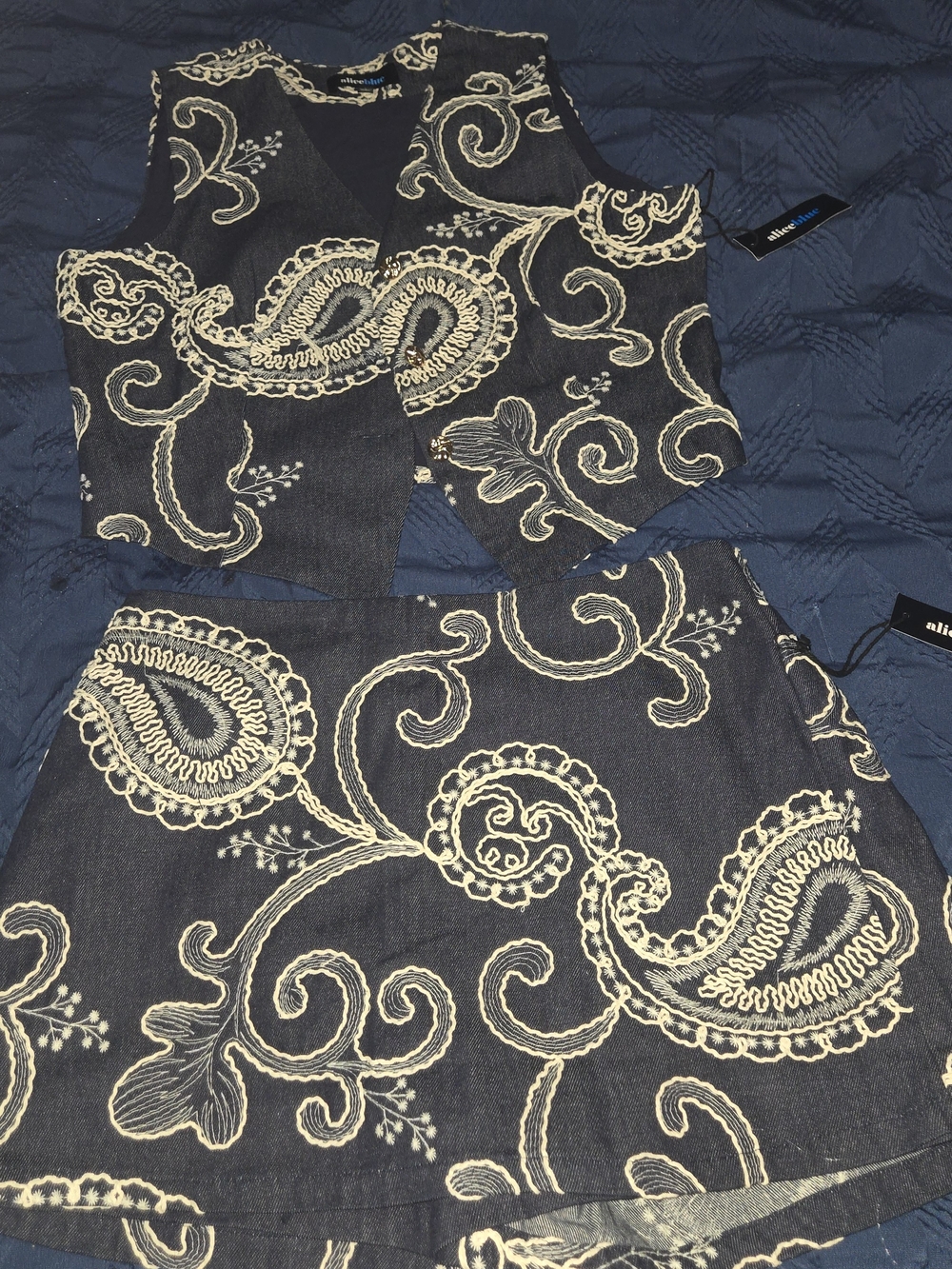 Alice Blue Navy and Cream Embroidered Skirt and Vest Set Scort